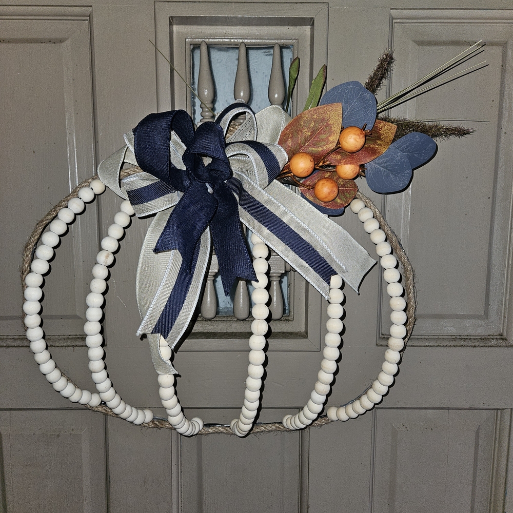 Elegant Beaded Pumpkin Wreath with Navy and Cream Accents